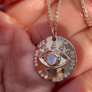 Real Moonstone Diamonds Disc Evil eye Pendant Necklace 14K Solid Gold Jewelry It protects ourselves family ones with a feeling of safety
