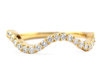 14K Yellow Gold Diamond Wave Ring: Stackable Wedding Band