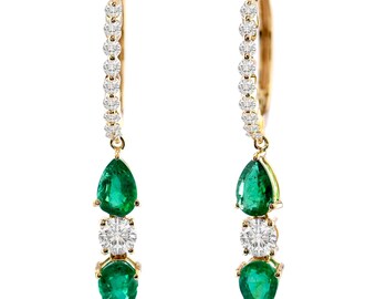 Emerald Diamond Hoop Earrings: 18K Gold Pear Cut Dangle Earrings