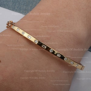 Solid 18K Yellow Gold Genuine Round & Baguette Flush Set Diamond Stackable Bangle Bracelet Handmade Bridesmaid Jewelry Certified