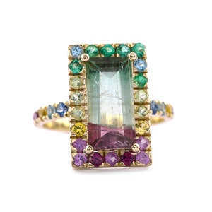 Sushila Jewelry!! Genuine Baguette Watermelon Tourmaline Ring Solid 14K Yellow Gold Multi Sapphire Ring Unique Anniversary Gifts