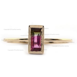 Natural Baguette Watermelon Tourmaline Gemstone Ring Solid 14K Yellow Gold Handmade Bezel Setting Ring October Birthstone Jewelry