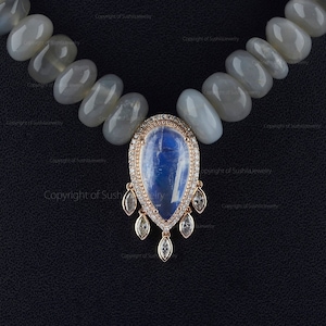 Pear Rainbow Moonstone Diamond Necklace: 18K Gold Art Deco Jewelry