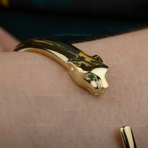 14K Gold Bangle Bracelet/ Panther Cuff Bangle/ Natural Emerald Eye Bangle Bracelet/ Animal Bangle Jewelry/ Certified Gift For Her