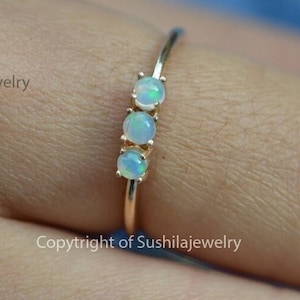 Solid 14K Yellow Gold Three Stone Ring Genuine Australian Opal Ring Handmade Jewelry October Birthstone Ring Birthday Gift For Her
