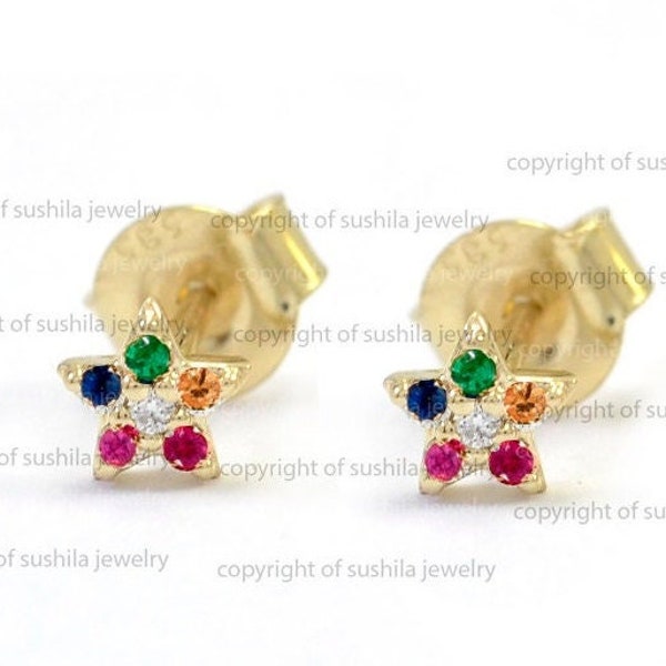 Genuine Rainbow Multi Sapphire Gemstone Diamond Tiny Star Studs Earrings in Solid 14k Yellow Gold Handmade Minimalist Wedding Jewelry