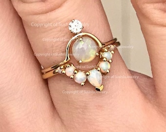 Genuine Opal Diamond Engagement Band Ring in Solid 14k Yellow Gold Handmade Minimalist Stackable Jewelry