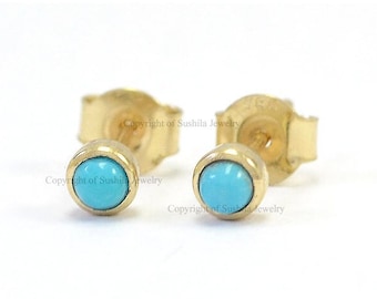 Genuine Turquoise Stud Earrings (4 mm ) IN 14K Solid Yellow Gold Handcrafted Minimalist Jewelry