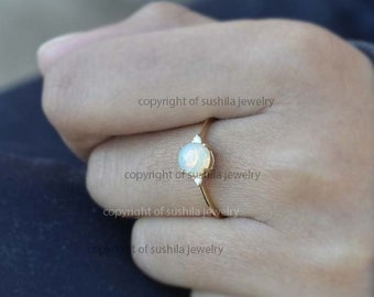 Opal Diamond Ring: 14k Solid Gold Pave Minimalist Jewelry