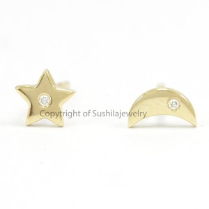 Natural Diamond Tiny Star Moon Studs Earrings in 14k Solid Gold Yellow Gold Handmade Minimalist Jewelry Gift
