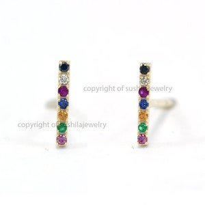 Solid 14k Yellow Gold Genuine Pave Rainbow Multi Sapphire Bar Stud Earrings Handmade Diamond Minimalist Fine Christmas Gift Jewelry