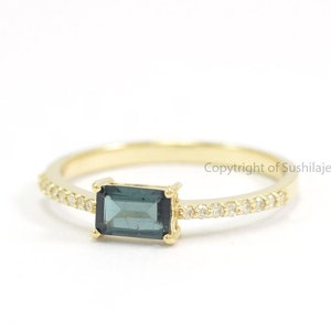 Natural Tourmaline and Pave Diamond Stackable Band Ring in Solid 14k Yellow Gold Handmade Minimalist Jewelry Gift