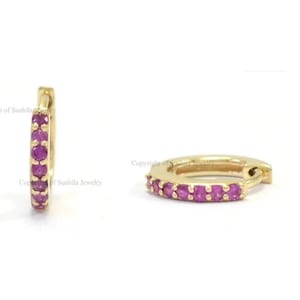 Genuine Ruby Gemstone Small Huggie Hoop Earrings Solid 14K Yellow Gold Minimalist Hoop Earrings July Birthstone Jewelry Christmas Gift