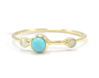Genuine Turquoise and Opal Diamond Ring In 14K Yellow Gold Engagement Stackable Ring Fine Handmade Jewelry