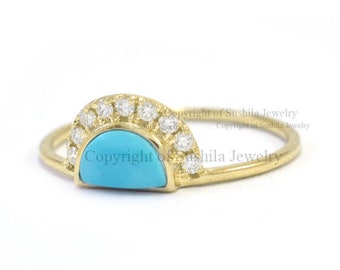 Natural Sleeping beauty Arizona Turquoise Pave SI Clarity G Color Diamond in 14K Solid Yellow Gold Engagement Wedding Band Ring Fine Jewelry