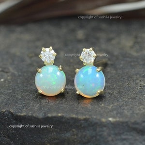 Echte Opal Edelstein Ohrringe Brillantschliff Diamant Ohrstecker in handgefertigten 14k Solid Gelb Gold Ohrringe Minimalist Schmuck