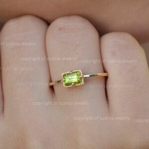 Natural Green Peridot Gemstone Engagement Stackable  Band Ring in 14k Yellow Gold Handmade Fine Jewelry