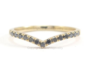 Black Diamond Chevron Ring: 14k Yellow Gold Stackable Band