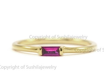 Genuine 0.16 Ct. Baguette Ruby Gemstone Ring Solid 14K Yellow Gold Minimalist July Birthstone Ring Handmade Jewelry for Christmas