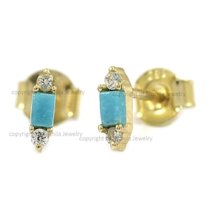 Genuine Turquoise Baguette Studs, Turquoise Gemstone Studs, Solid 14K Yellow Gold Mini Studs Earrings, Minimalist Studs, Jewelry Gift