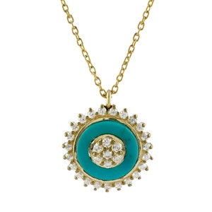 Sunflower Necklace/ 18K Solid Gold Necklace/ Genuine Sleeping Beauty Turquoise Diamond Necklace By Sushila Jewelry/ Certified Necklace