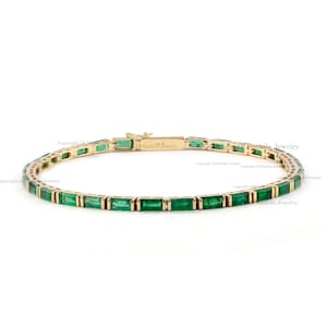 Baguette Emerald Tennis Bracelet/ 14K Gold Emerald Bracelet/ Genuine Emerald Bracelet/ Certified Stackable Bracelet For Women