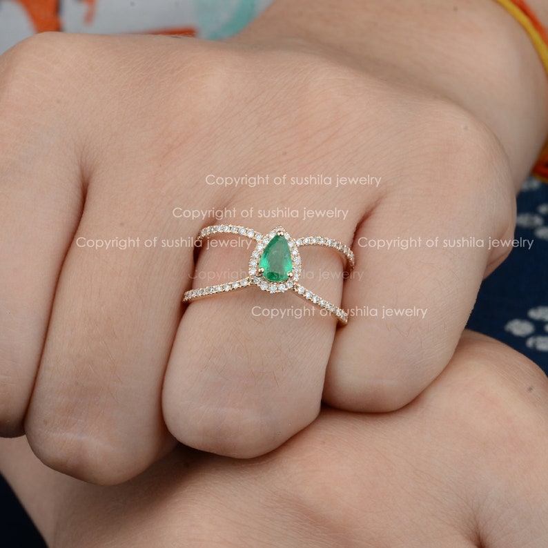 Pear Shape Natural 0.57 Ct. Zambia Emerald Gemstone Double Band Ring Solid 14K Rose Gold Genuine SI Pave Diamond Ring Handmade Fine Jewelry image 4