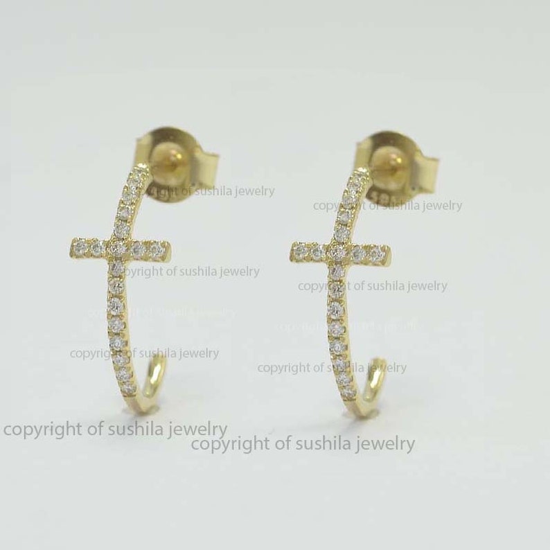 Cross Diamond Earrings 14k Solid Yellow Gold Diamond Cross Etsy