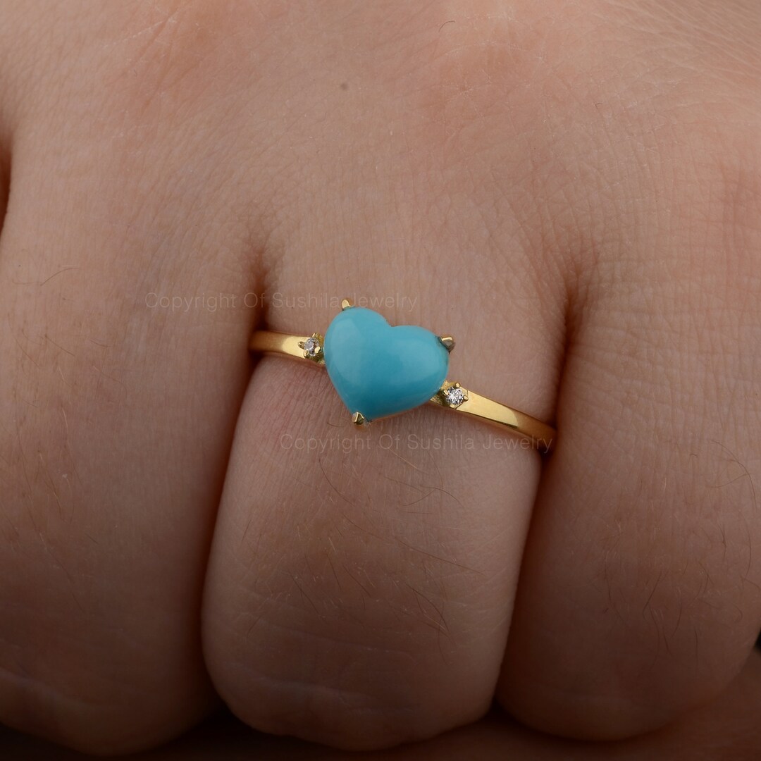 Natural Turquoise Heart Ring, Solid 14K Yellow Gold Ring, Turquoise