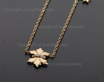 14K Yellow Gold Diamond Floral Pendant Necklace, Handmade Charm Jewelry