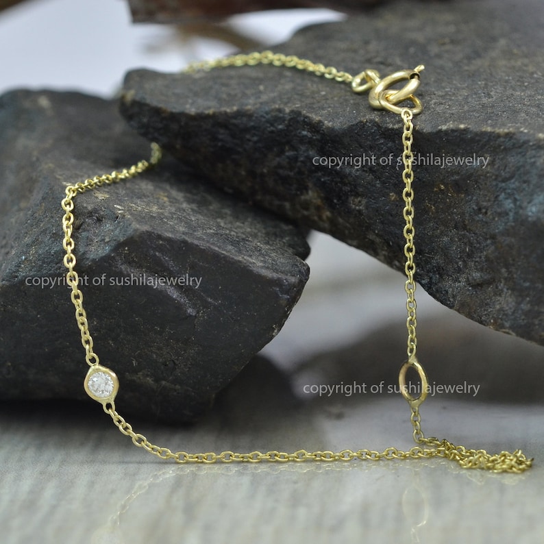 Solid 14k Yellow Gold Natural solitaire Diamond Charm Bracelet Handmade Fine Jewelry