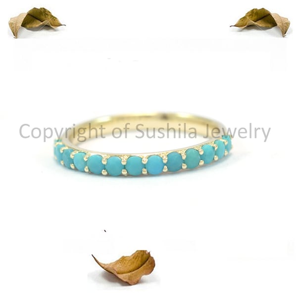 Handmade 14k Yellow Gold Turquoise Eternity Band Ring