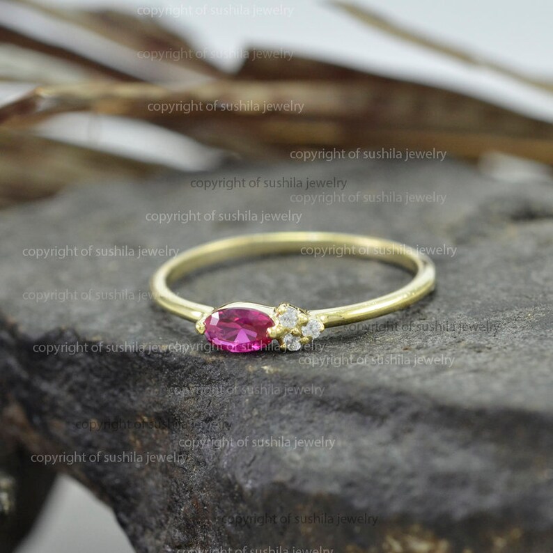 Genuine Ruby Gemstone With Diamond Wedding Engagement Band Ring in Solid 14k Yellow Gold Handmade Minimalist Jewelry
