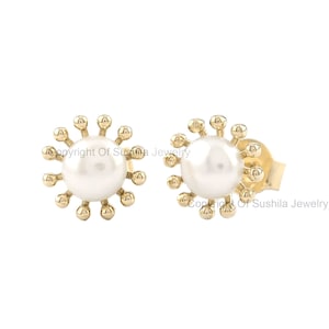 Genuine 1.5 Ct. Ocean Sea Pearl Gemstone Floral Stud Earrings Solid 14K Yellow Gold Handmade Earrings Fine Jewelry Birthday Gift For Her