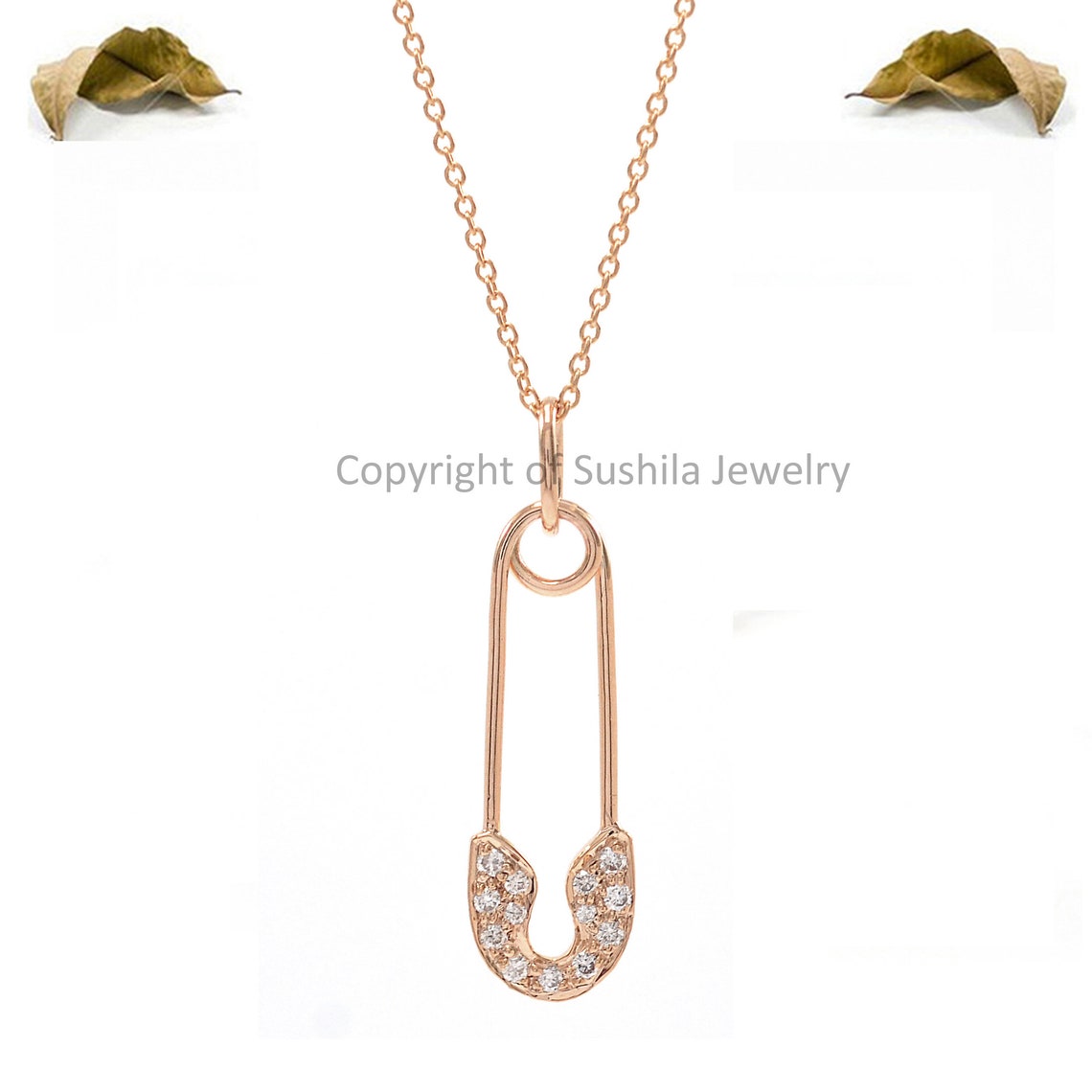 Genuine Diamond Safety Pin Pendant Necklace in Solid 14k Etsy