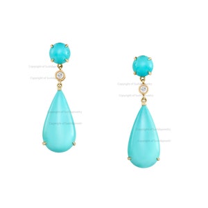 Dangle Drop Pair Earrings Solid 14K Yellow Gold Genuine Sleeping Beauty Arizona Turquoise Gemstone SI G-H Diamond Handmade Certified Jewelry