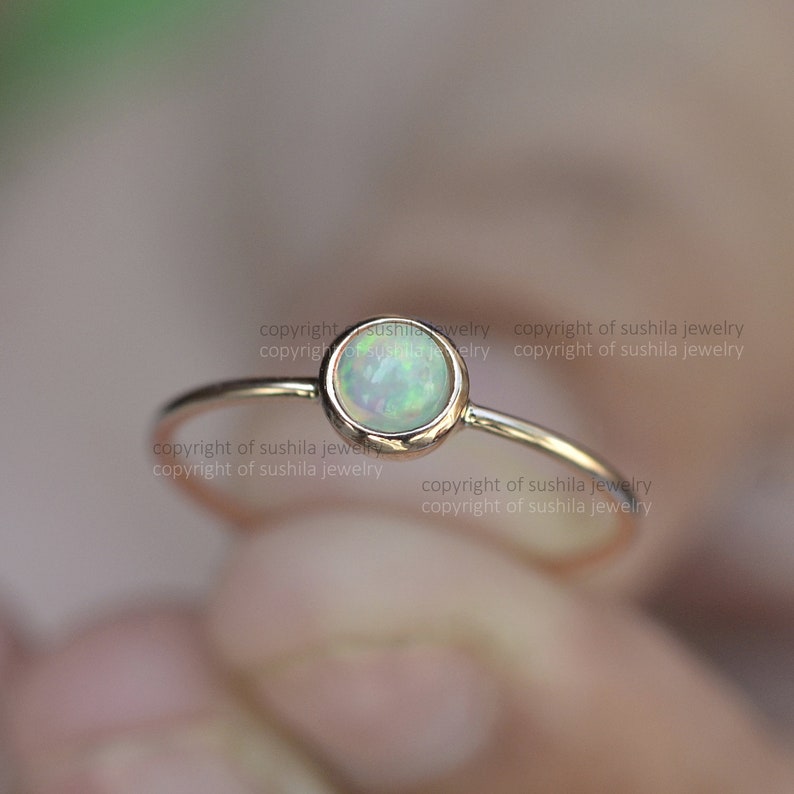 14k Solid Yellow Gold Natural Round Opal Gemstone Engagement Band Stackable Ring Handmade Minimalist Jewelry