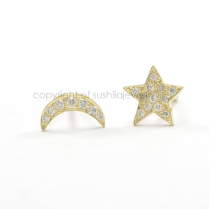 Genuine SI Clarity G Color Diamond Star Moon Studs Earrings in 14k Solid Gold Yellow Gold Handmade Minimalist Jewelry Gift