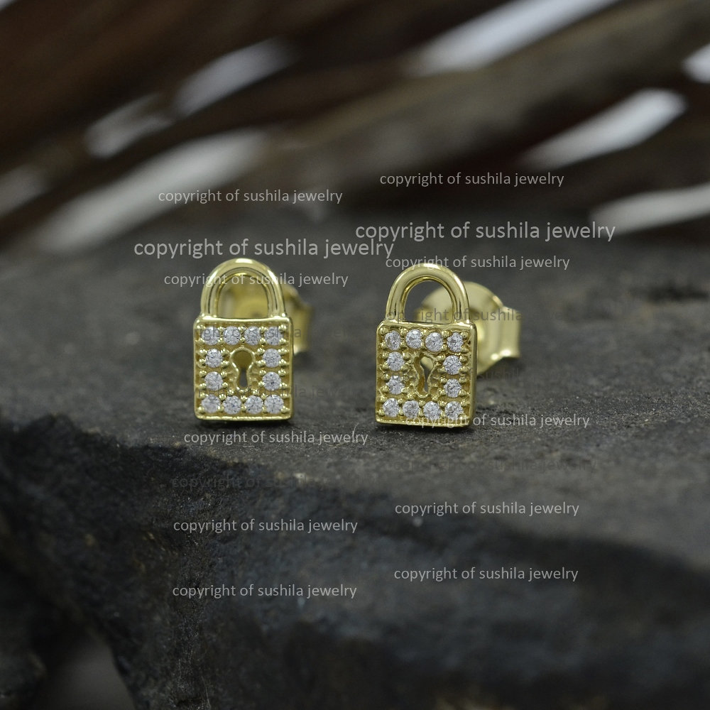 Diamond Lock Earrings Genuine Pave SI Clarity G Color Diamond Etsy
