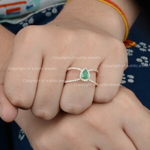Pear Shape Natural 0.57 Ct. Zambia Emerald Gemstone Double Band Ring Solid 14K Rose Gold Genuine SI Pave Diamond Ring Handmade Fine Jewelry image 1