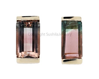 Genuine 2.00 Ct. Baguette Watermelon Tourmaline Gemstone Stud Earrings Solid 14K Rose Gold Fine Jewelry Birthday Gift For Her