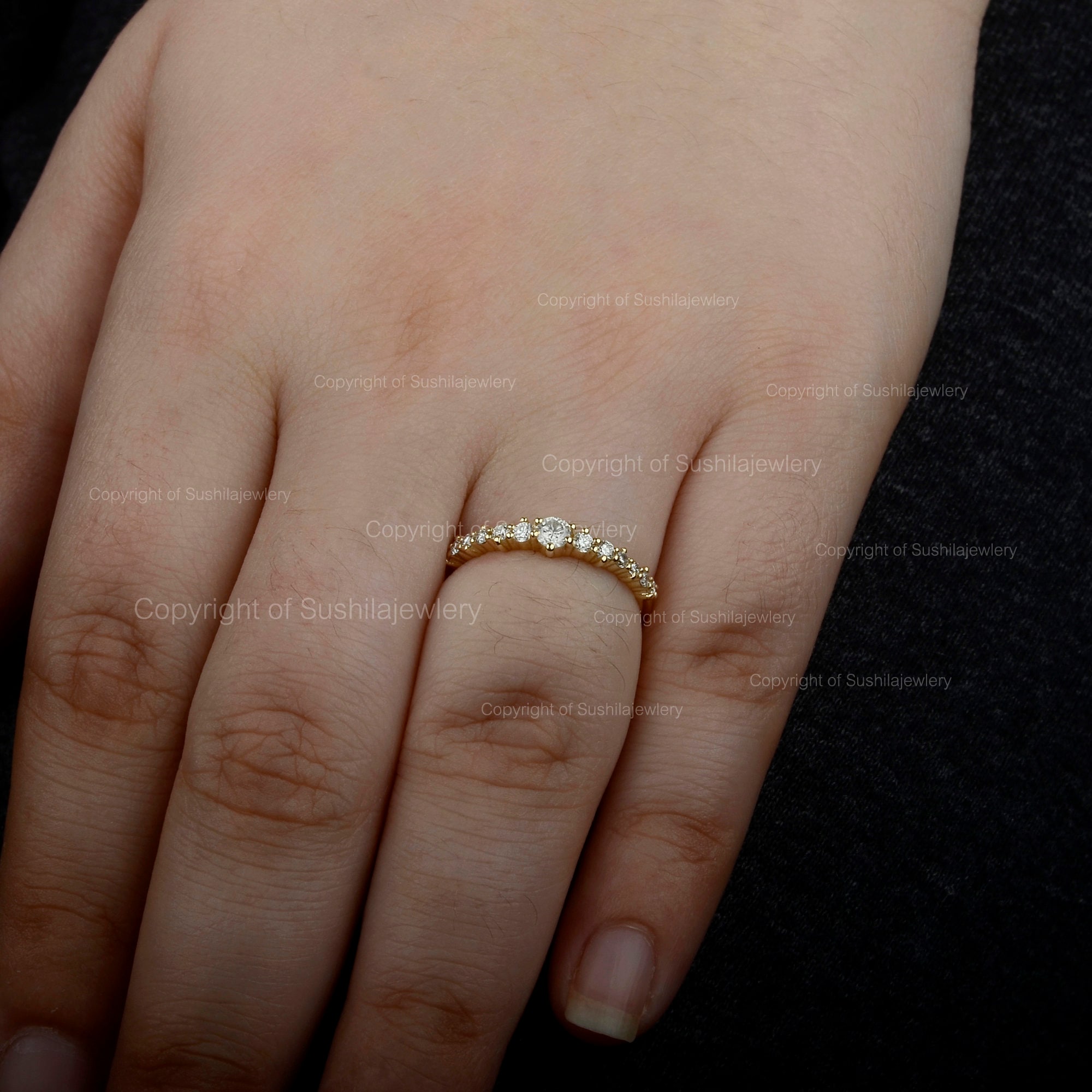 14Kゴールドダイヤモンドハーフエタニティリング：重ね付け可能な結婚 