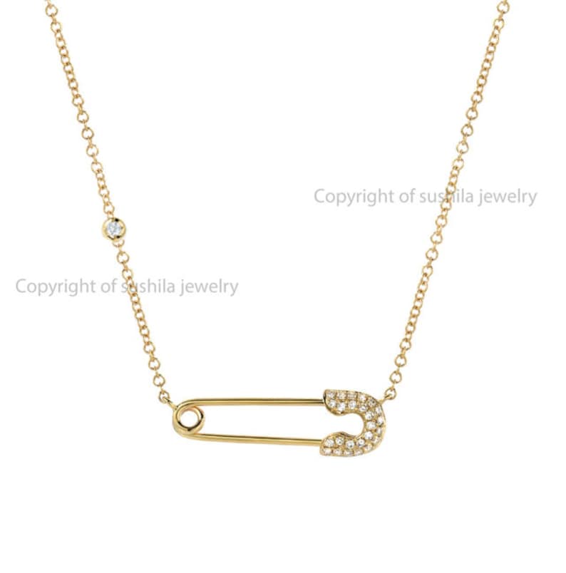 New lifstyle jewelry collection Adjustbale chain length 14K Solid Rose gold Genuine Diamond safety Pin Pendant necklace
