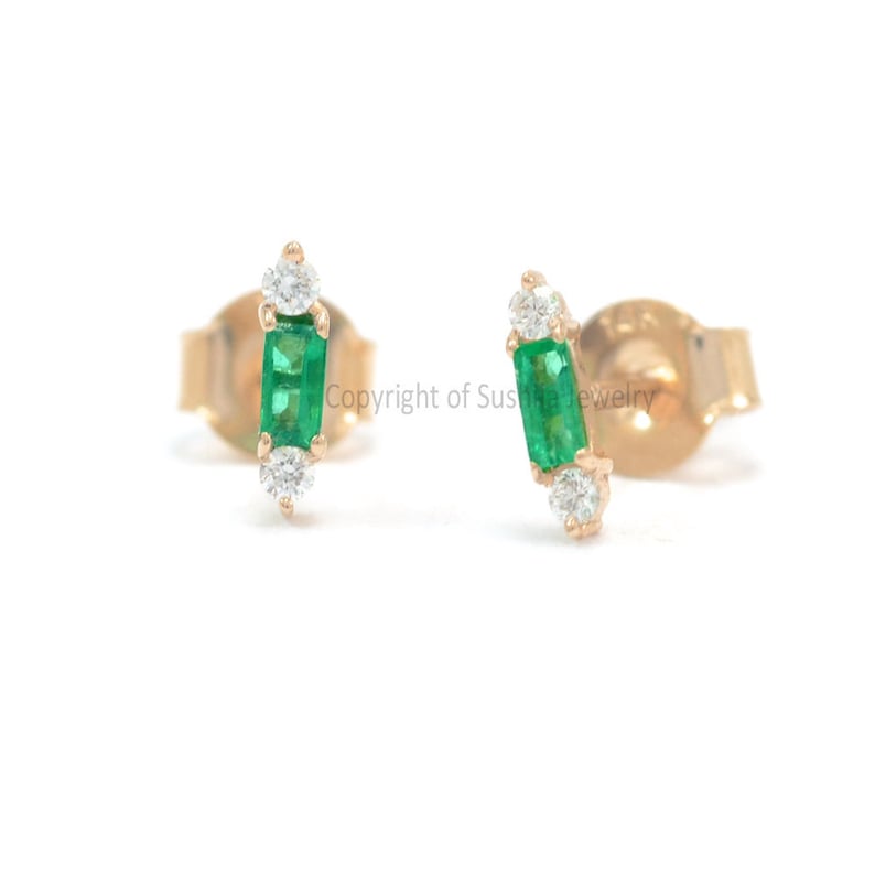 Solid 14k Yellow Gold Genuine Baguette Emerald Studs Real SI Clarity G-H color Diamond Tiny Earrings Minimalist Jewelry Christmas Gift image 7