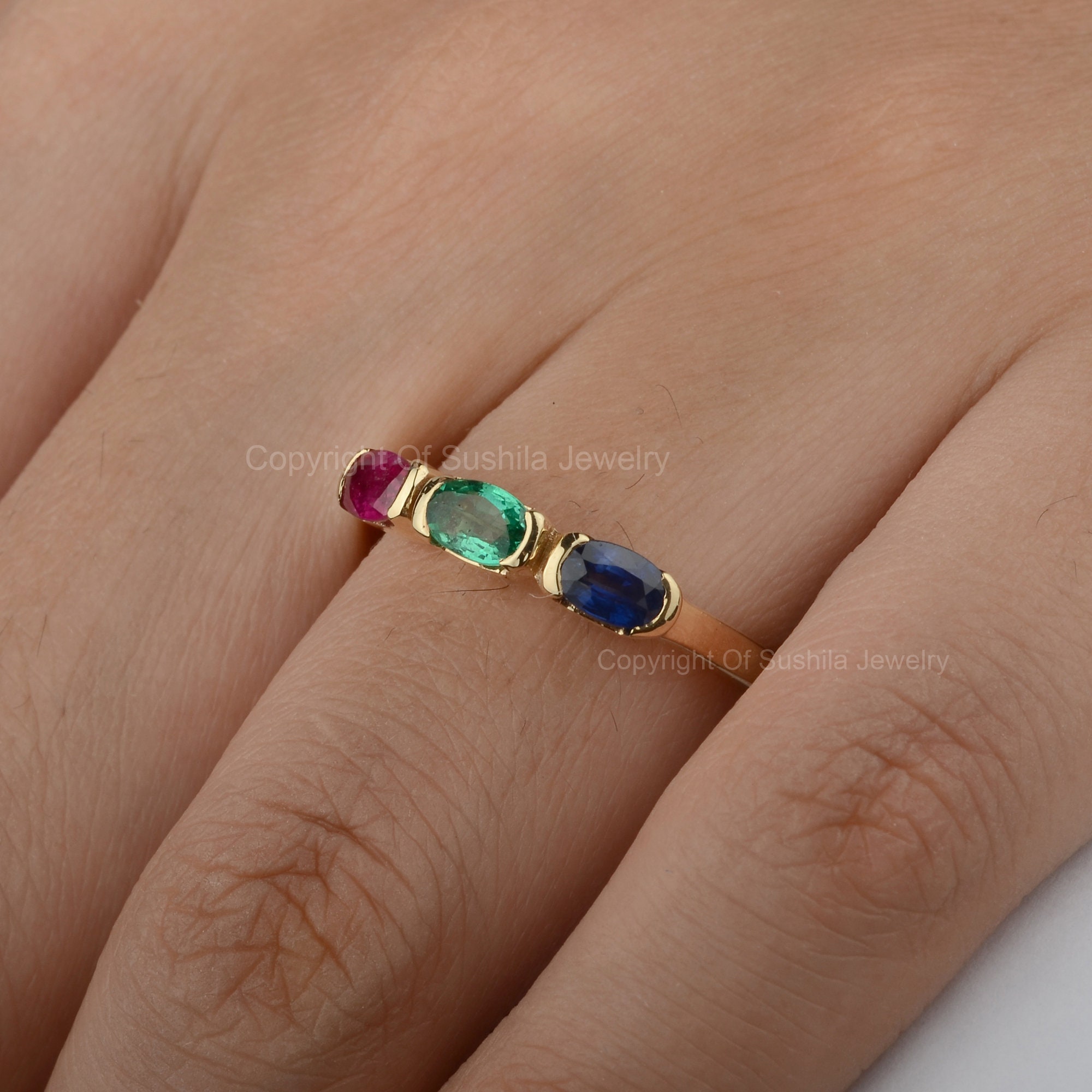 Bague Empilable En Or 14 Carats Avec émeraude, Saphir Rose, Bleu Et Tanzanite - Taille 7