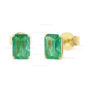 Genuine 2.00 Ct. Emerald Cut Emerald Stud Earrings Solid 14K Yellow Gold Earrings Handmade May Birthstone Jewelry Memorial Day Gift