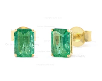 Emerald Cut Emerald Stud Earrings: 14K Yellow Gold, Handmade