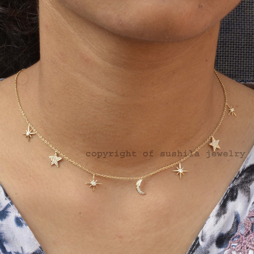 14k Gold Star Moon Diamond Choker Necklace: Minimalist Celestial