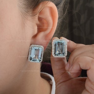 Genuine 27.13 Ct. Certified Emerald Cut Aquamarine Diamond Stud Earrings Solid 18K White Gold Unique Wedding Jewelry Statement Earrings