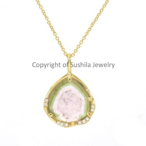 Natürliche Wassermelone Turmalin Edelstein SI Klarheit G-H Farbe Diamant Anhänger Halskette Solid 14k Gelbgold Handgemachter minimalistischer Schmuck
